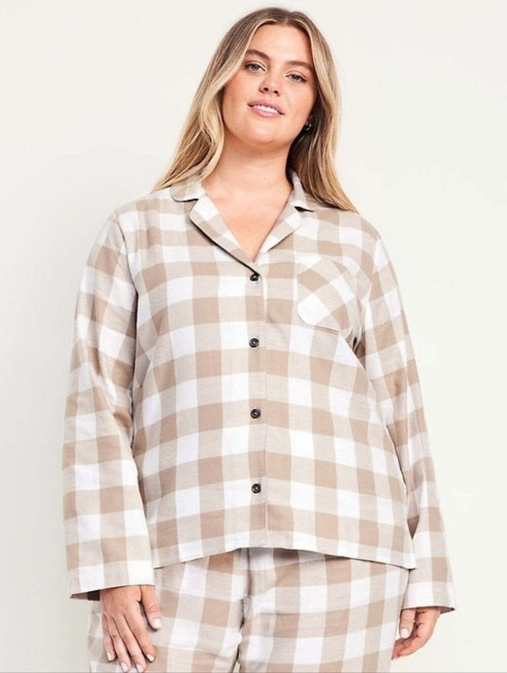 Old Navy Womens Flannel Plaid Pajama Top Button Front Collared Sz M Beige White